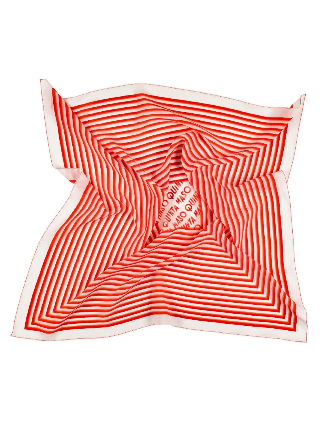 A square silk scarf featuring a vibrant red and white pattern of concentric lines forming an optical illusion of a starburst. The lines converge towards the center, where text reads "Quinta Maso." Available at Bassalstore in Barcelona, the Il Quadrato Silk Scarf has a wavy, flowing appearance, suggesting movement.
