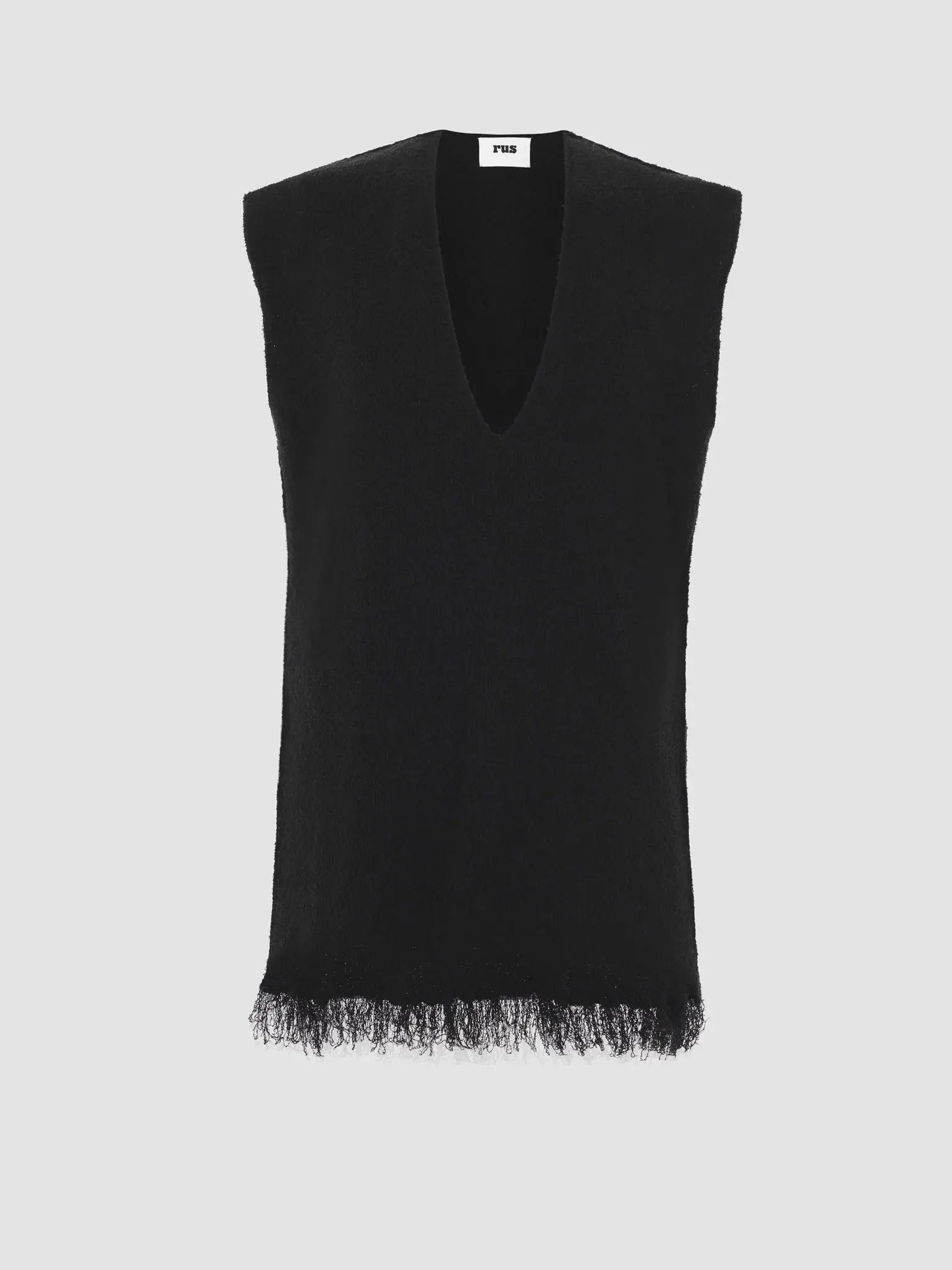 A sleeveless black V-neck Katsura Top Ink with a slightly frayed hem at the bottom, displayed against a plain light gray background. The top has a clean, minimalist design and is labeled with a small white tag at the inner back of the neckline. Available exclusively at Bassalstore in Barcelona by Rus.