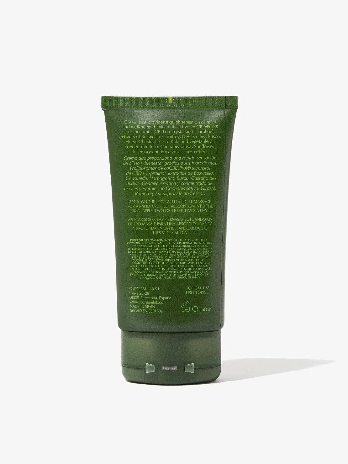 A green tube of Legs Cream 150ml by CoCream Lab with white text printed on the back. The text includes information about the product in multiple languages, ingredients, directions for use, and manufacturer details. Available at Bassalstore in Barcelona, the tube stands upright on a white background.