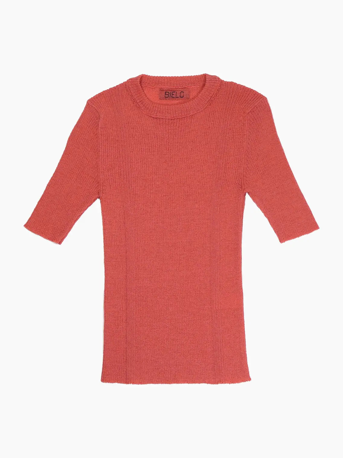 A ribbed, rust-colored knit sweater with half sleeves and a round neckline. The sweater appears flat against a white background, showcasing its texture and simple design. The label "Bielo" is visible on the inside of the neckline. Available at Bassalstore in Barcelona as the Masho Coral.