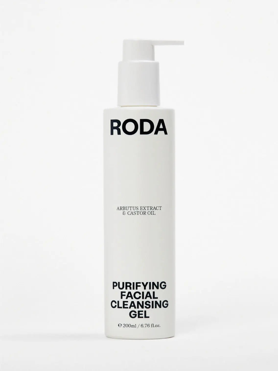 A white pump bottle with a black cap is labeled with "Roda" at the top and "Purifying Facial Cleansing Gel" at the bottom. The text also mentions "Arbutus Extract & Castor Oil." This 200ml (6.76 fl. oz.) product, popular in many Barcelona stores, ensures a thorough cleanse for your skin.