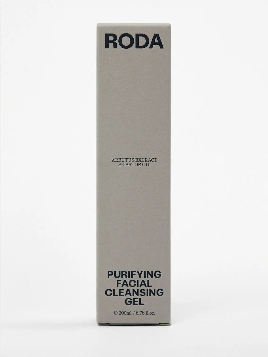 A white pump bottle with a black cap is labeled with "Roda" at the top and "Purifying Facial Cleansing Gel" at the bottom. The text also mentions "Arbutus Extract & Castor Oil." This 200ml (6.76 fl. oz.) product, popular in many Barcelona stores, ensures a thorough cleanse for your skin.
