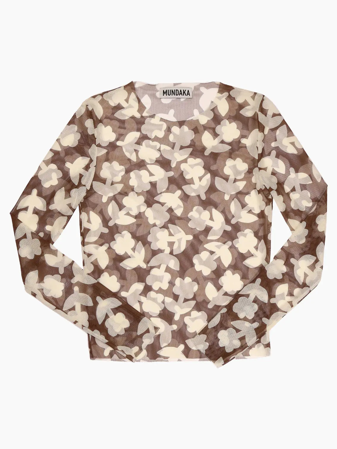 A long-sleeved, sheer mesh top with a floral pattern featuring beige and light gray flowers over a brown background. The label at the collar reads "Mundaka." Available at bassalstore in Barcelona, the Tulle T-Shirt Brown by Mundaka has a fitted style and is laid flat against a white background.