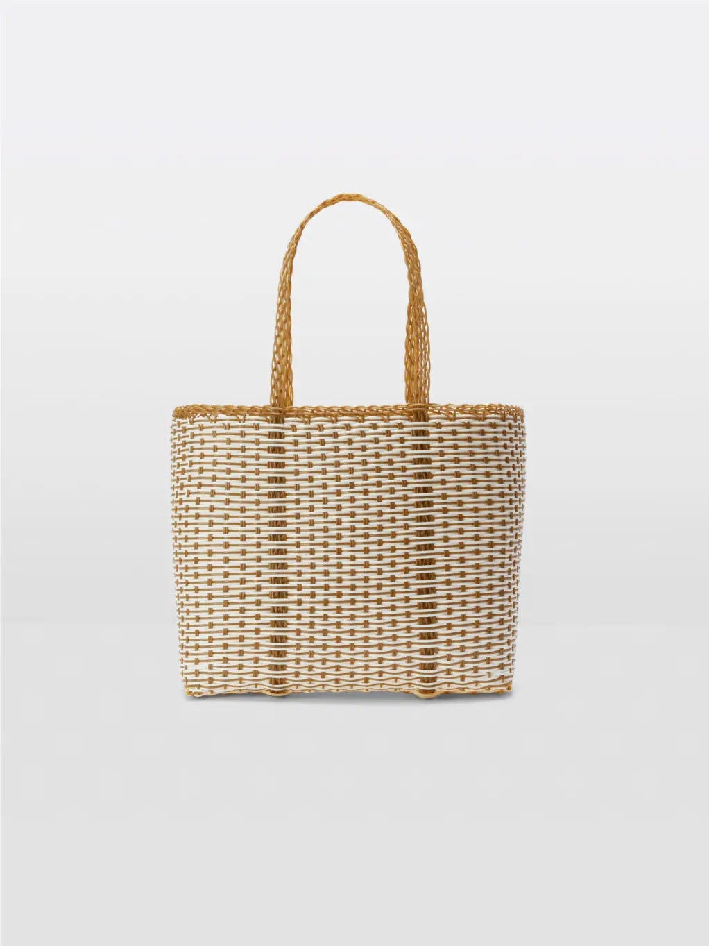 A rectangular wicker basket with two looped handles from Palorosa, featuring a white and natural brown woven pattern. The Trama Tobacco + White Bag is placed on a plain white background, highlighting its texture and craftsmanship inspired by the elegance of Barcelona.