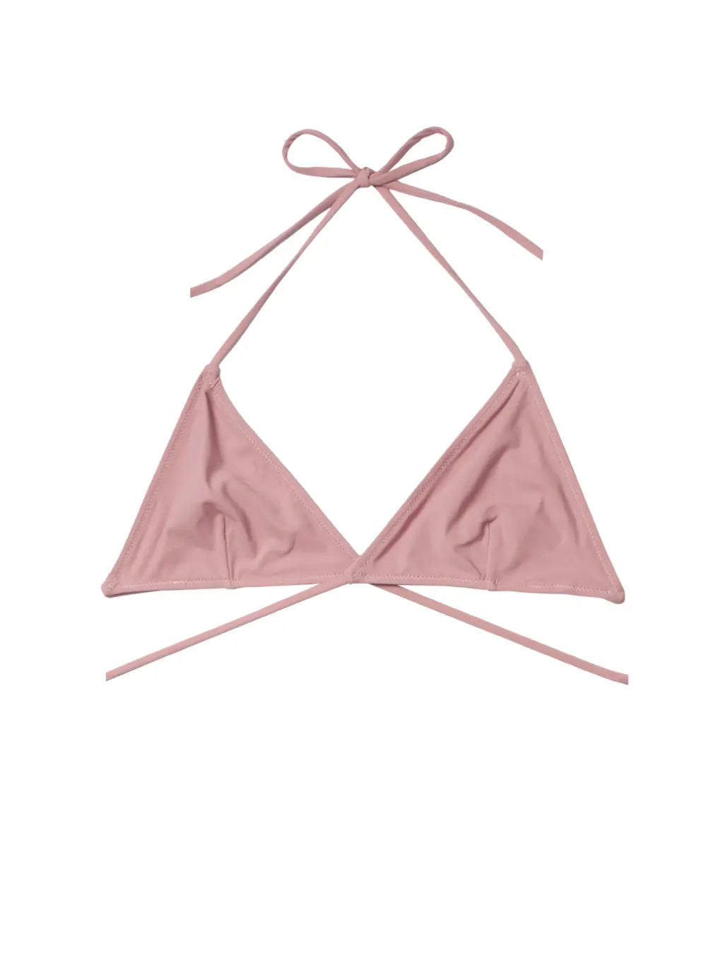 A pink Tredici Rose Bikini Top with adjustable straps tied at the neck and back. The top has minimal coverage and no padding, designed in a simple and classic style. Available now at Bassalstore in Barcelona. The background is plain white.
