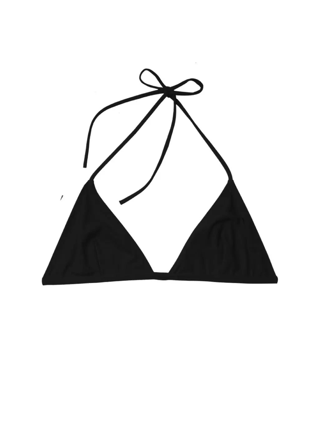 A Trentotto Black Bikini Top with thin straps tied at the neck and a back closure. The design is simple and minimalistic, embodying chic elegance. Displayed against a plain white background, this piece from Lido in Barcelona exudes effortless style.