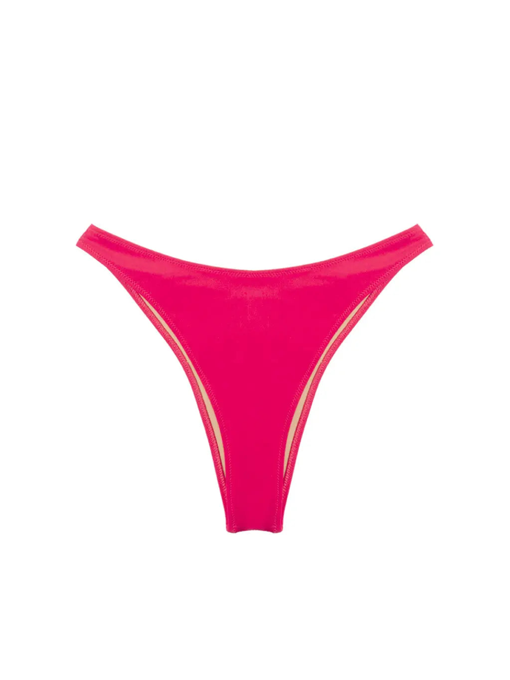 A pair of **_Trentotto Magenta Bikini Bottom_** from **_Lido_** lay flat against a white background. The design is simple and minimalistic, featuring high-cut legs and a thin waistband. Perfect for your next beach trip to Barcelona.