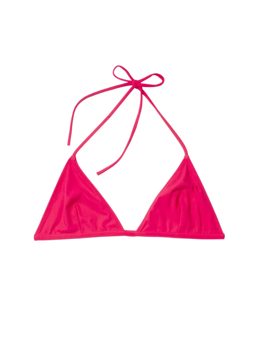 A vibrant pink triangle bikini top with neck and back ties is displayed against a plain white background. Available at Bassalstore in Barcelona, the Lido Trentotto Magenta Bikini Top has a simple, classic design with tie strings for an adjustable fit.