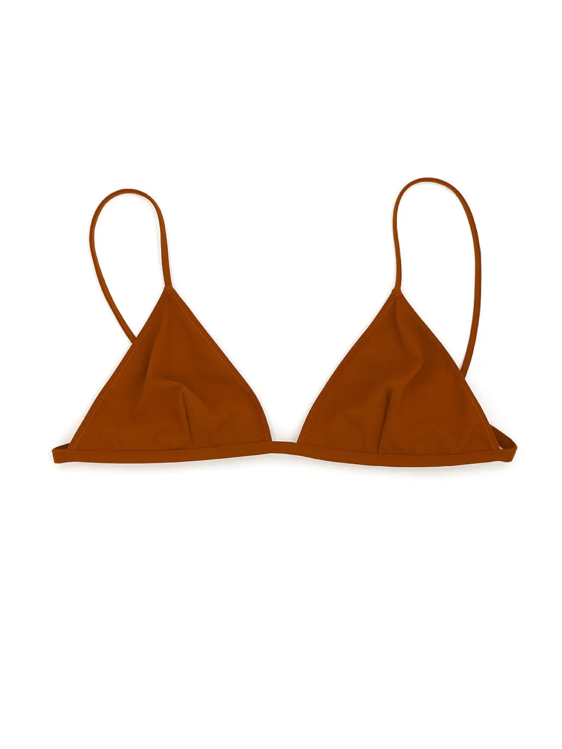 A brown, minimalistic Trentotto Terracota Bikini Top from Lido with thin shoulder straps and a simple design is laid flat against a white background.