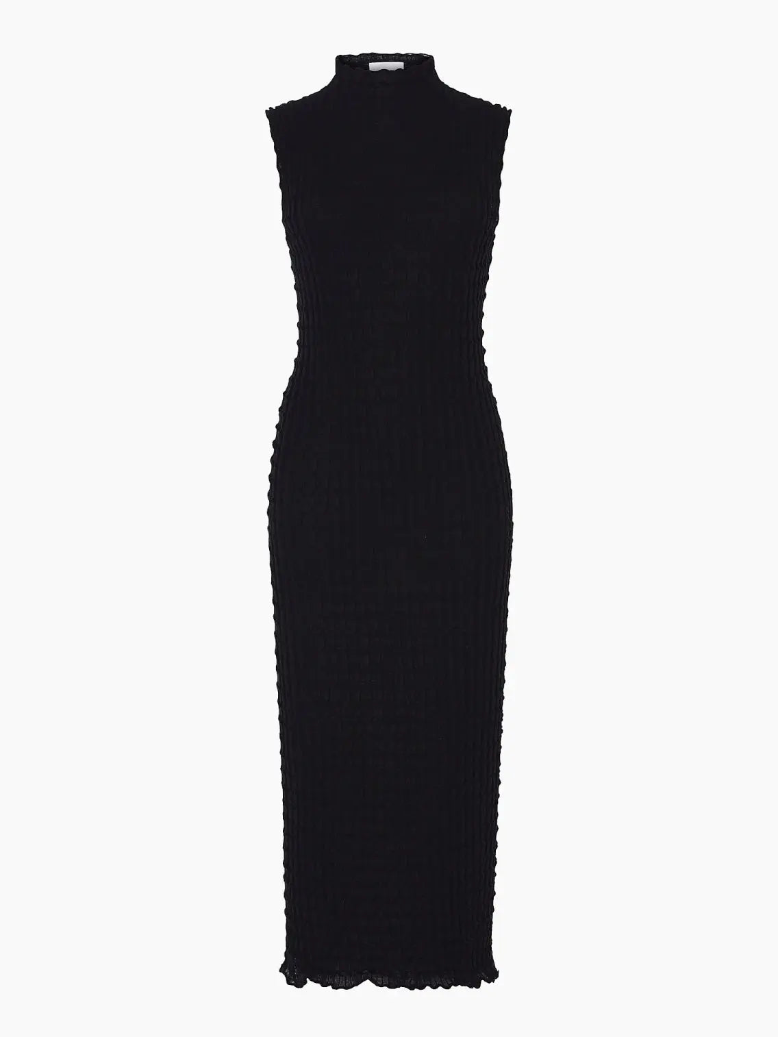 Image of the Udon Dress Ink by Rus, a black, sleeveless, ribbed-knit dress with a high neckline and a fitted silhouette. The dress extends to mid-calf length, showcasing a sleek, elegant design. Available at Bassalstore in Barcelona, the hemline has a slight scalloped edge.