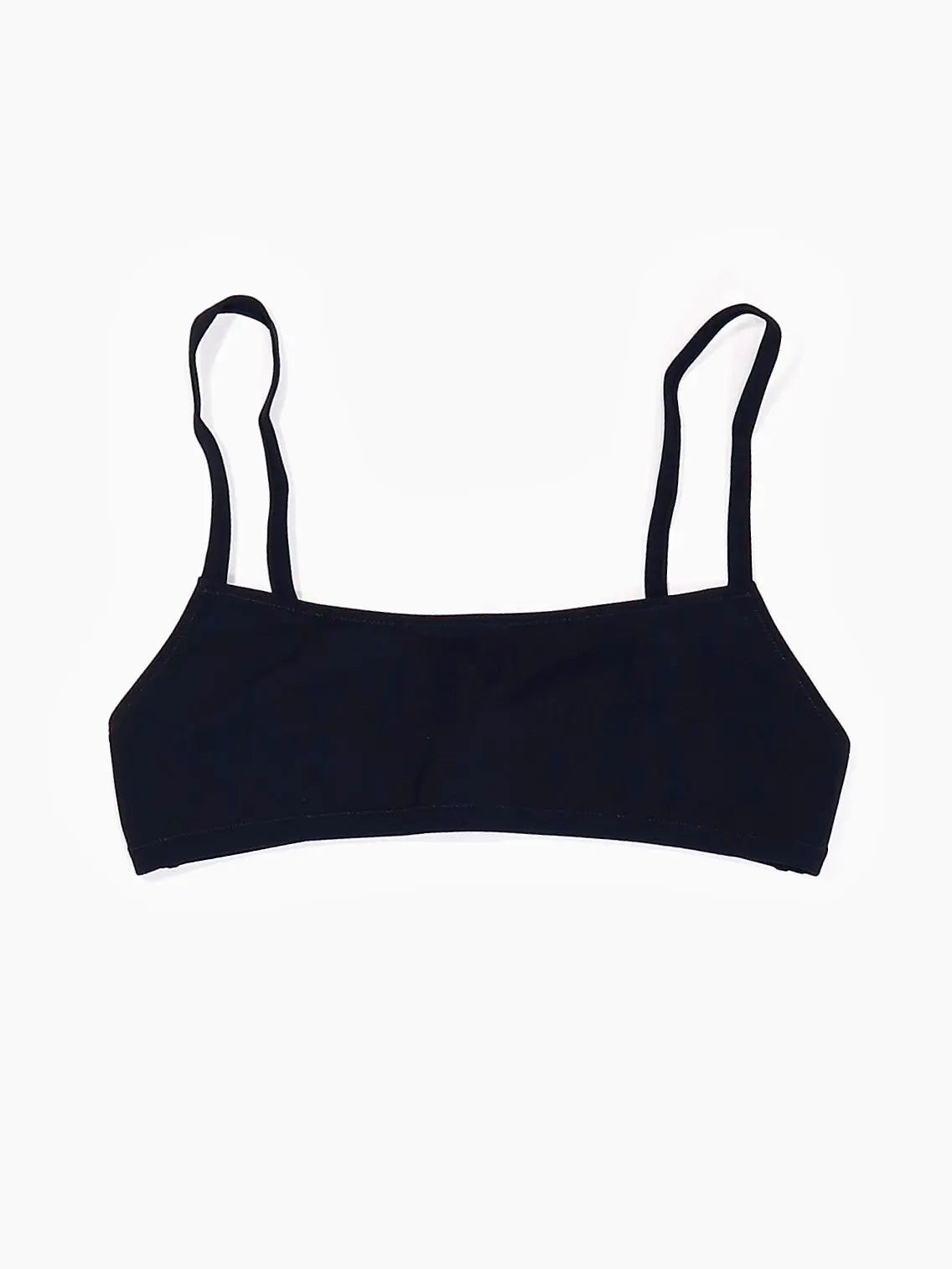 A simple black Undici Bikini Top Black by Lido on a plain white background. The bikini top, available at Bassalstore in Barcelona, features a minimalistic design with two thin shoulder straps and a straight neckline.