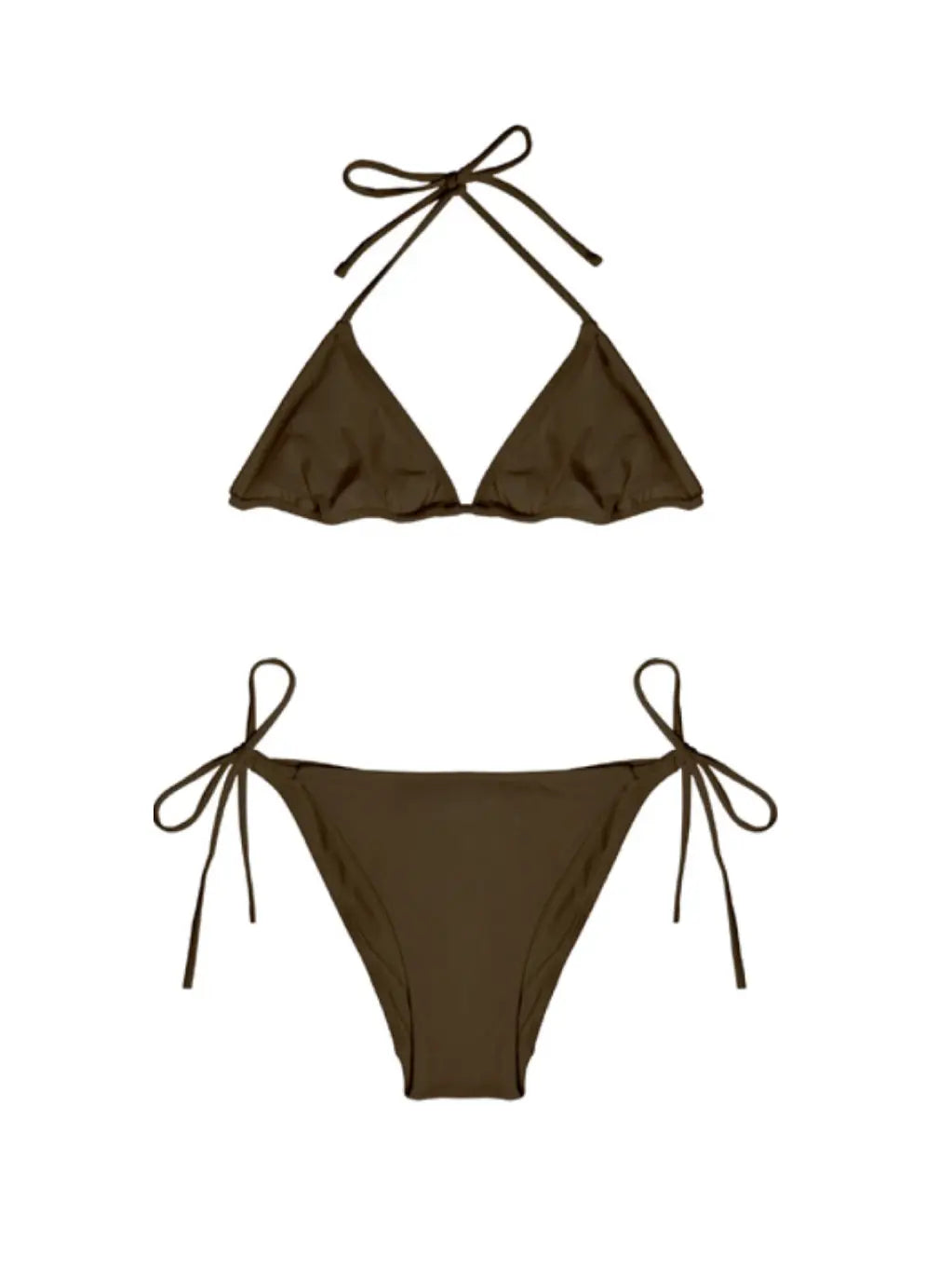 A pair of Venti Olive Bikini Bottoms with adjustable side ties, available at Lido, is displayed against a white background. The design is simple yet chic, featuring moderate coverage at the front and back, with long strings for securing on both sides—ideal for lounging in Barcelona.