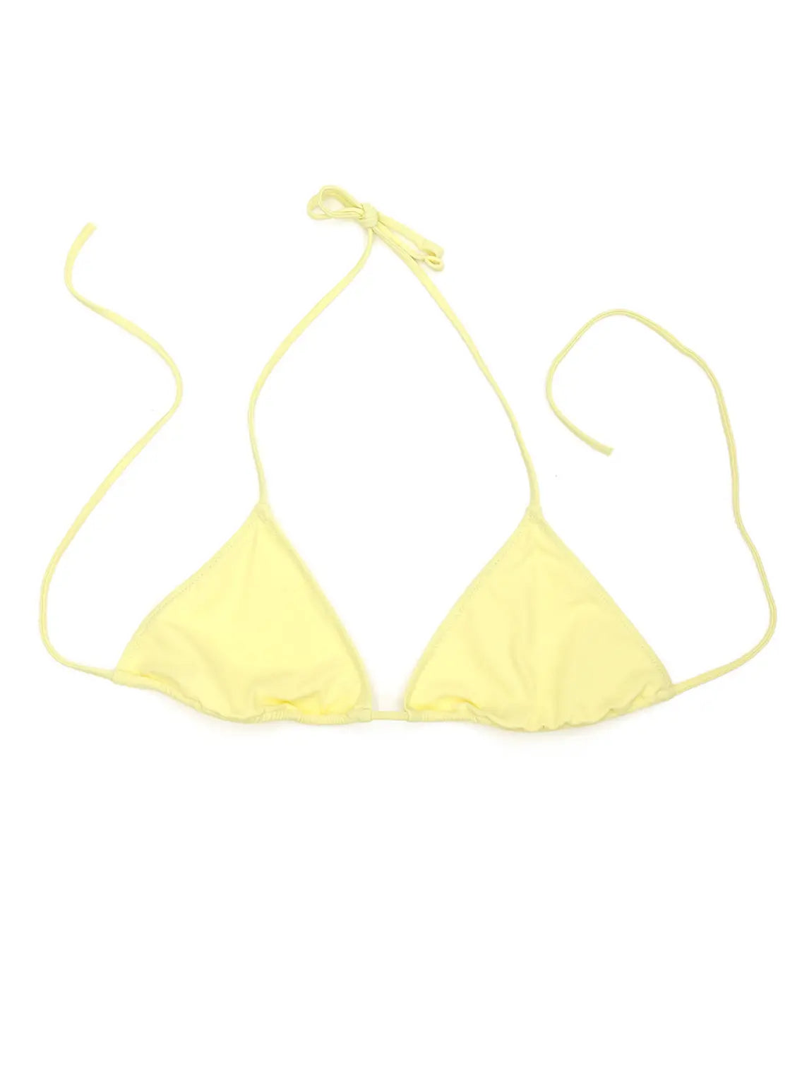 A **Lido Venti Pollen Bikini Top** with triangle-shaped cups and thin adjustable straps is laid flat on a white background. The top, available at **BassalStore** in **Barcelona**, features a halter neck tie and a back tie for secure fitting.