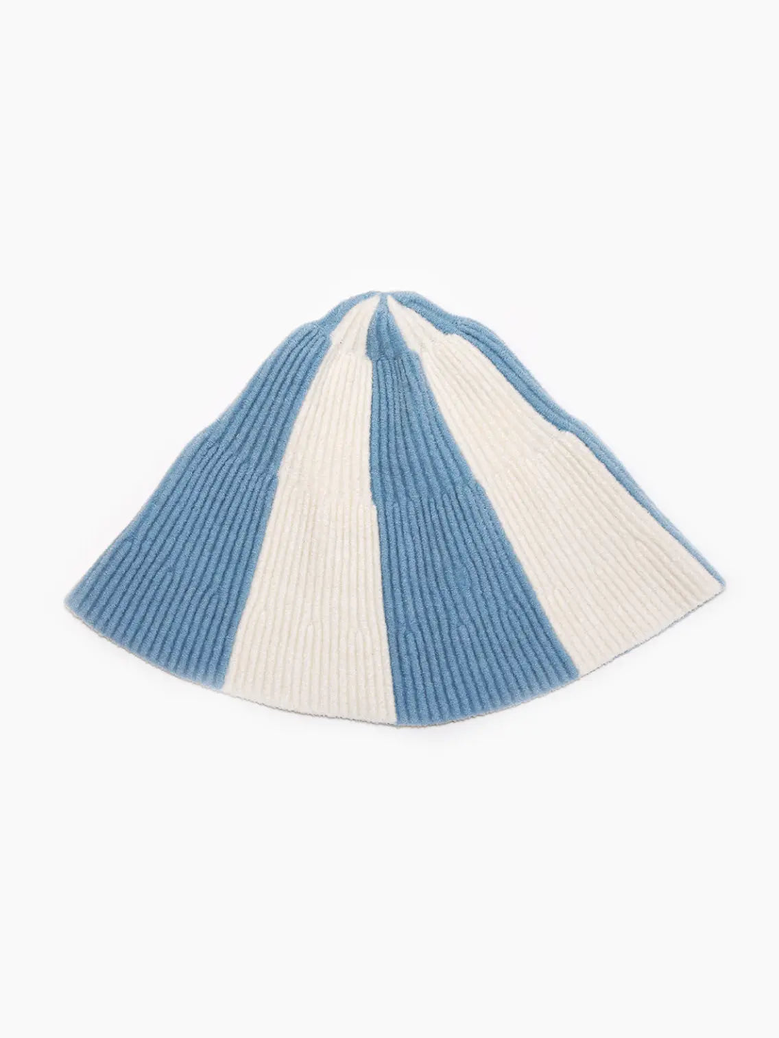 A conical knitted hat with alternating blue and white vertical stripes, available at Bassalstore. The Yuzu Hat by Rus features a ribbed texture of the fabric that is clearly visible, and the hat has a slightly flared brim at the bottom. The background is plain white.